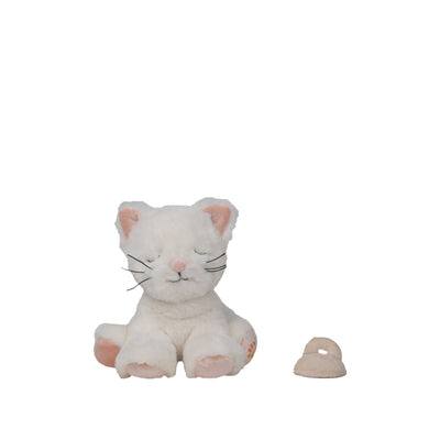 White plush cat toy with pink accents on a white background