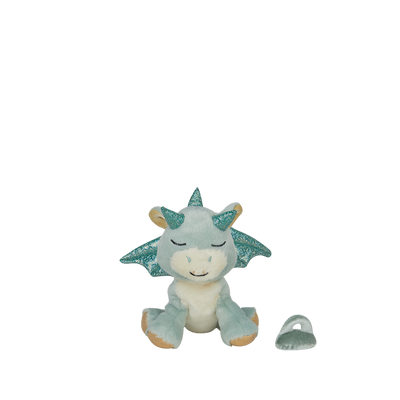 Plush dragon toy with green wings on a white background