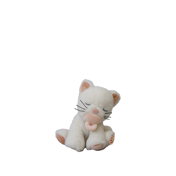 White plush cat toy with pink accents on a white background