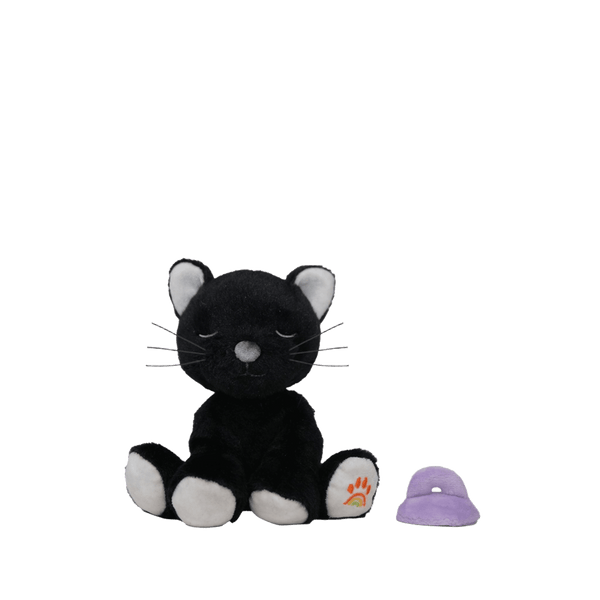 Black cat plush toy with a small purple hat on a transparent background