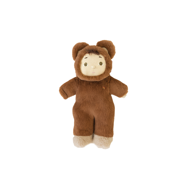 Brown plush toy with a face on a white background