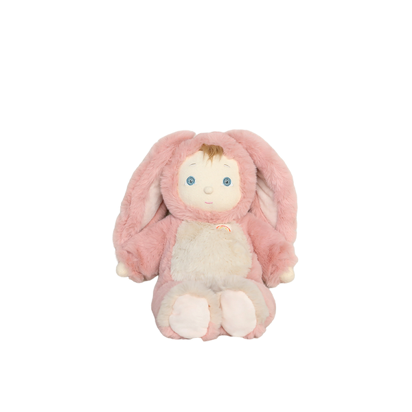 Plush toy with pink bunny ears and a soft body on a white background
