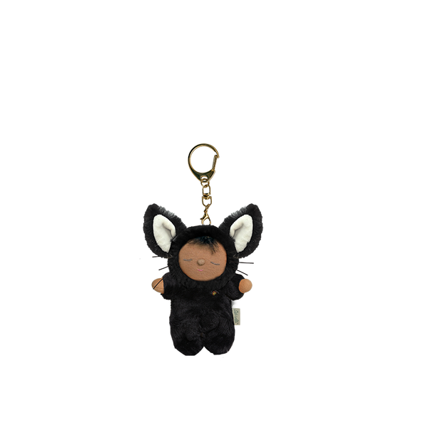 Black plush keychain with cat ears on a white background