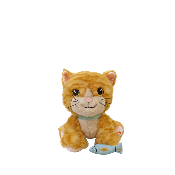 Plush toy cat with a fish on a white background