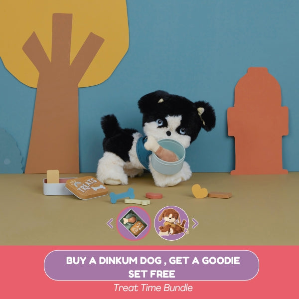 Stuffed dog toy with a bowl of treats in front of a colorful background with trees and a house.