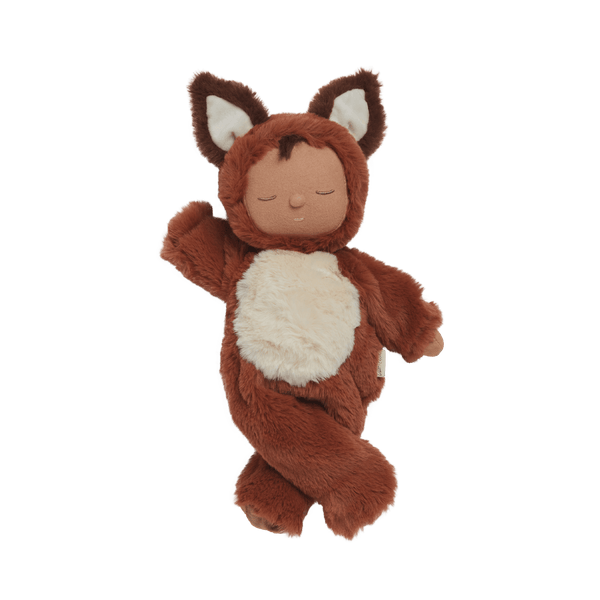 Cozy Dinkum Finnley Fox plush toy, the dreamy woodland doll with the softest rust-colored fur and a sleepy flopsy body, perfect for snuggles and sweet dreams. This posable plush fox features an embroidered face, tuft of hair, and a non-removable suit with unique detailing and a rainbow heart.