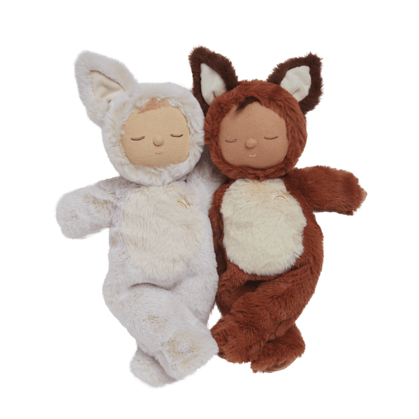 Cozy Dinkum Finnley Fox plush toy, the dreamy woodland doll with the softest rust-colored fur and a sleepy flopsy body, perfect for snuggles and sweet dreams. This posable plush fox features an embroidered face, tuft of hair, and a non-removable suit with unique detailing and a rainbow heart.