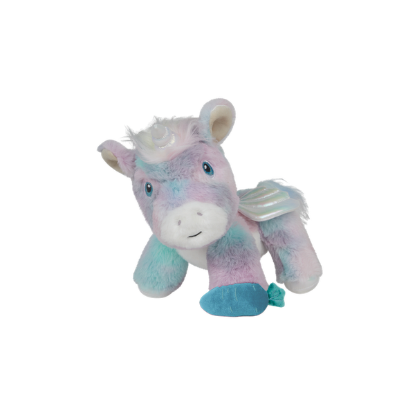 Rainbow plush unicorn toy with carrot