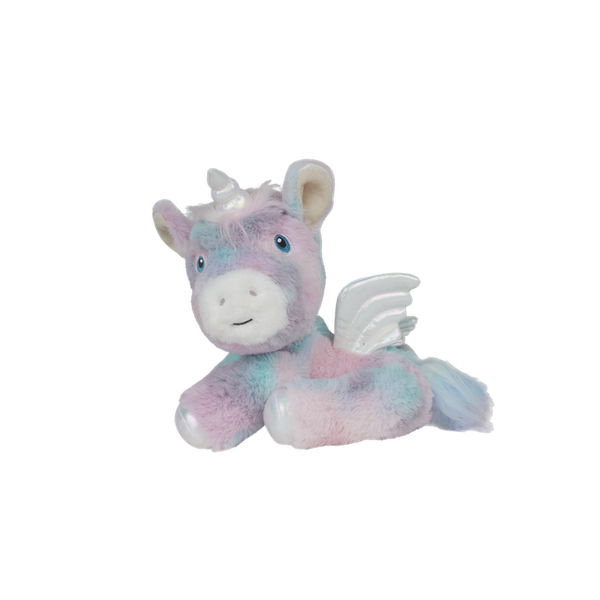 Rainbow plush unicorn toy with carrot