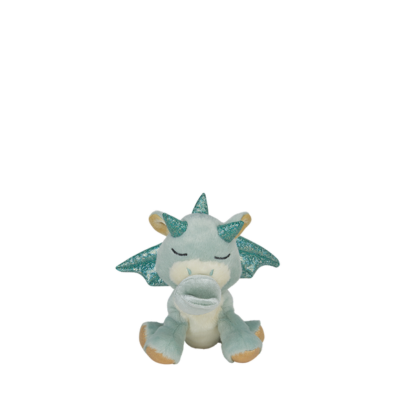 Plush dragon toy with green and white color scheme on a white background