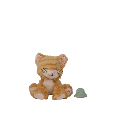 Plush cat toy with a green hat on a white background