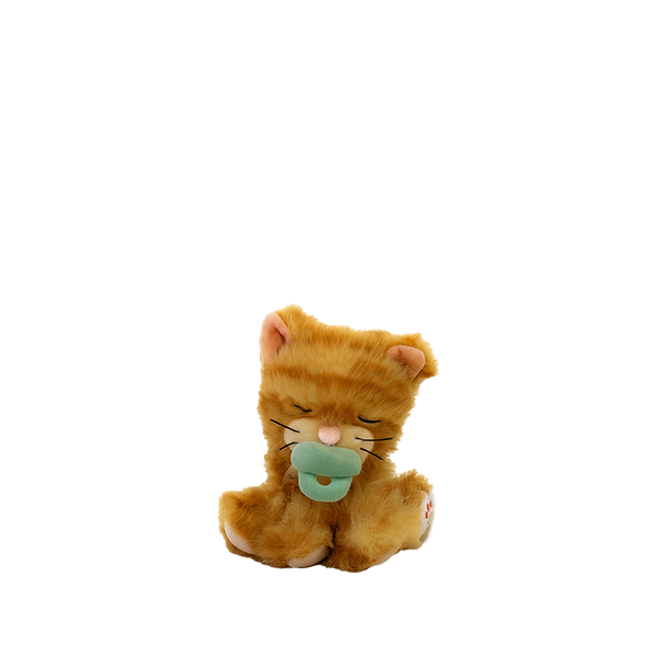 Plush cat toy with a pacifier on a white background