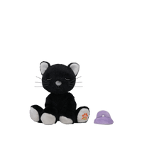 Black cat plush toy with a small purple hat on a transparent background