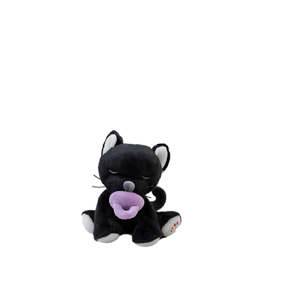 Black plush toy with a purple pacifier on a white background