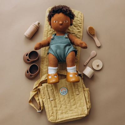 Olli Ella yellow Changing mat and bag for doll play. Play with our posable dinkum dolls and teddies for kids doll play.