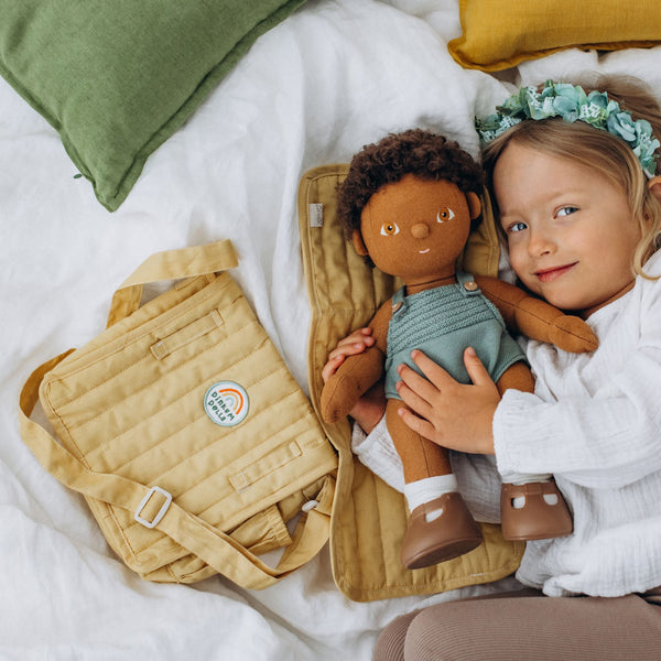 Olli Ella Yellow Doll changing mat and bag for kids imaginative play.