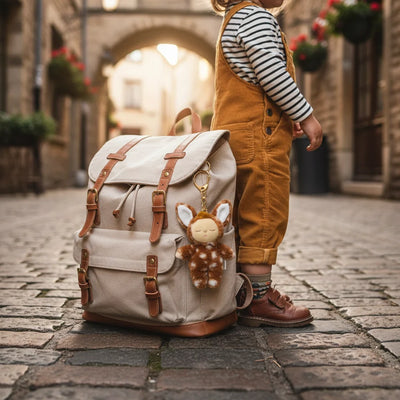 Child in mustard yellow overalls standing next to a beige backpack with a plush toy on a cobblestone street.