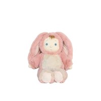 Plush toy with pink bunny ears and a soft body on a white background