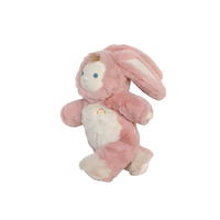 Pink plush toy with a baby face and bunny ears on a white background