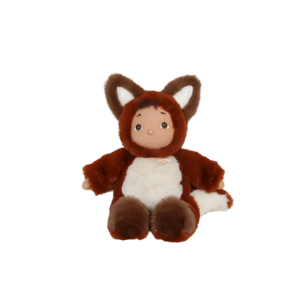 Plush toy in a fox costume on a white background