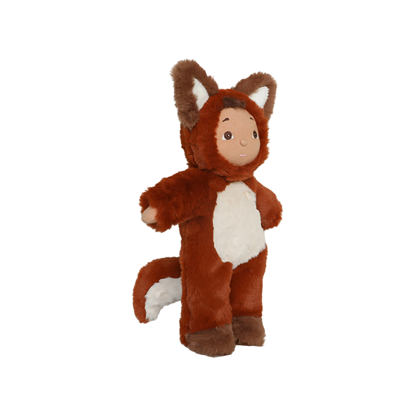 Plush toy in a fox costume on a white background