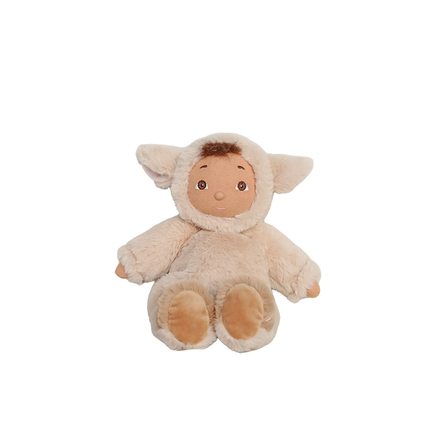 Plush toy lamb with a baby face on a white background