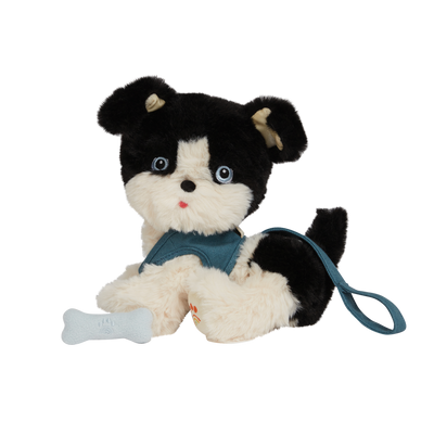 Olli Ella Dinkum Dog Lucky - black and white dog with blue bone and harness