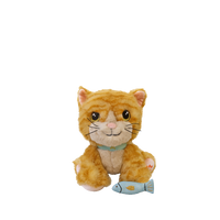 Plush toy cat with a fish on a white background