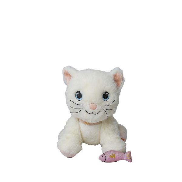 White plush cat toy with a pink fish on a white background