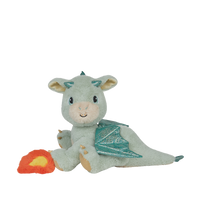 Plush dragon toy with green wings and a red flame on a white background