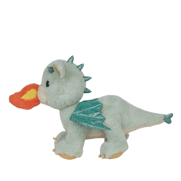 Plush dragon toy with green wings and orange flame on a white background
