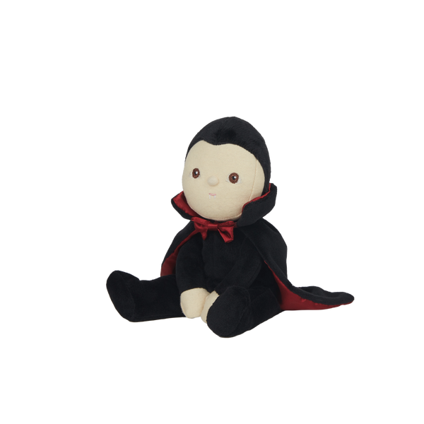 Stuffed toy with a black hood and red trim on a white background