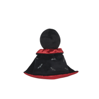 Stuffed toy with a black hood and red trim on a white background