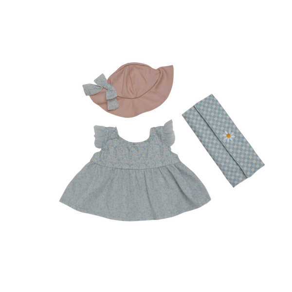 Baby dress with matching hat and headband on a white background