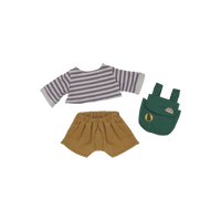 Striped shirt, mustard shorts, and green backpack on a transparent background