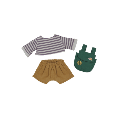 Striped shirt, mustard shorts, and green backpack on a transparent background