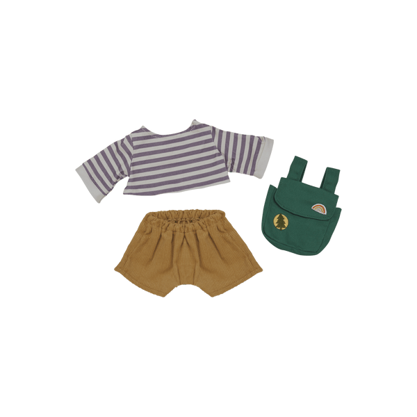 Striped shirt, mustard shorts, and green backpack on a transparent background