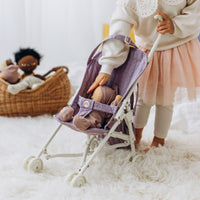 Olli Ella lavender purple doll pram for kids toys. For use with our posable dinkum dolls and matching changing bag and mat for imaginative doll play.