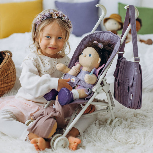 Olli Ella purple doll pram for kids toys. For use with our posable dinkum dolls and matching changing bag and mat for imaginative doll play.