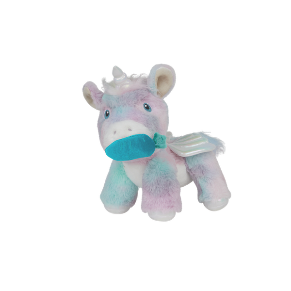Rainbow plush unicorn toy with carrot