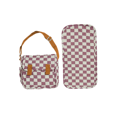 Olli Ella purple checkered print Doll changing mat and bag for kids doll play.