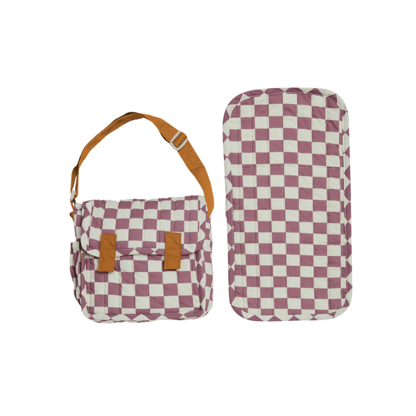 Olli Ella purple checkered print Doll changing mat and bag for kids doll play.