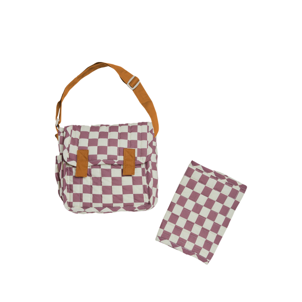 Olli Ella purple check print Doll changing mat and bag for kids doll play.