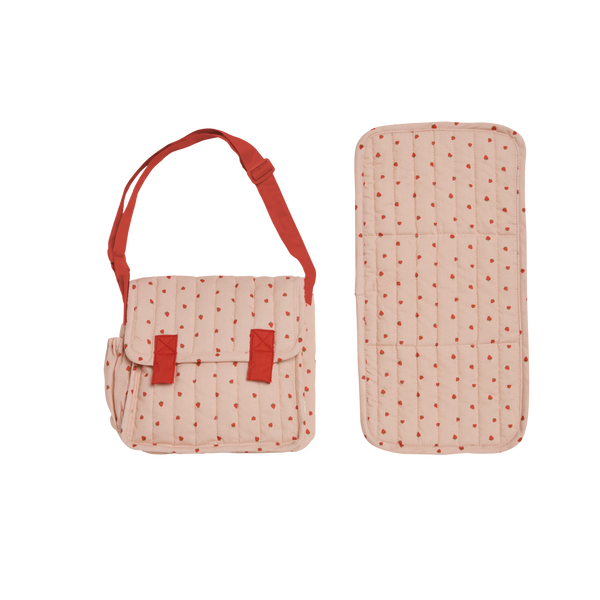 Olli Ella pink strawberry print Doll changing mat and bag for kids imaginative play.