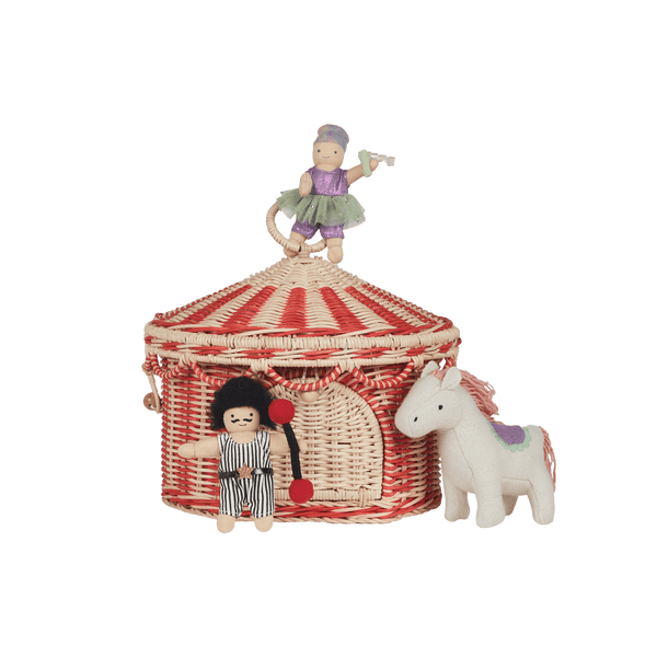 Olli Ella circus tent rattan woven basket for imaginative doll play. Pair with our pocket sized Holdie Folk plush toys.