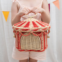 Olli Ella circus tent rattan woven basket for imaginative doll play. Pair with our pocket sized Holdie Folk plush toys.