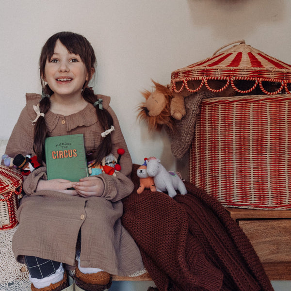 Olli Ella circus tent rattan woven basket for storage of kids toys and dolls. Pair with our pocket sized Holdie Folk plush toys and animal toys.