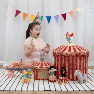 Olli Ella circus tent rattan woven basket for storage of kids toys and dolls. Pair with our pocket sized Holdie Folk plush toys and animal toys.