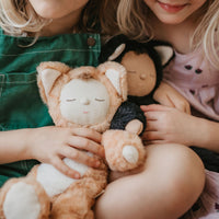 2 little girls love playing with their ginger tabby cat and black cat, soft plush toy dinkum doll for kids