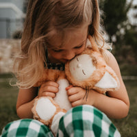 Little girl kisses her ginger tabby cat, soft plush toy dinkum doll for kids